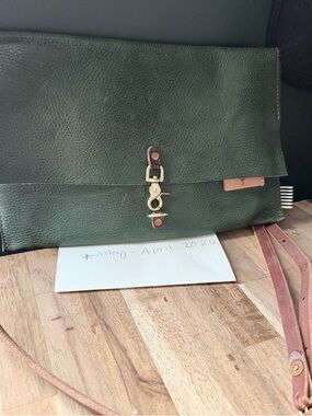 MBOTF Darm Green Leather Clutch with Brass Hook Closure